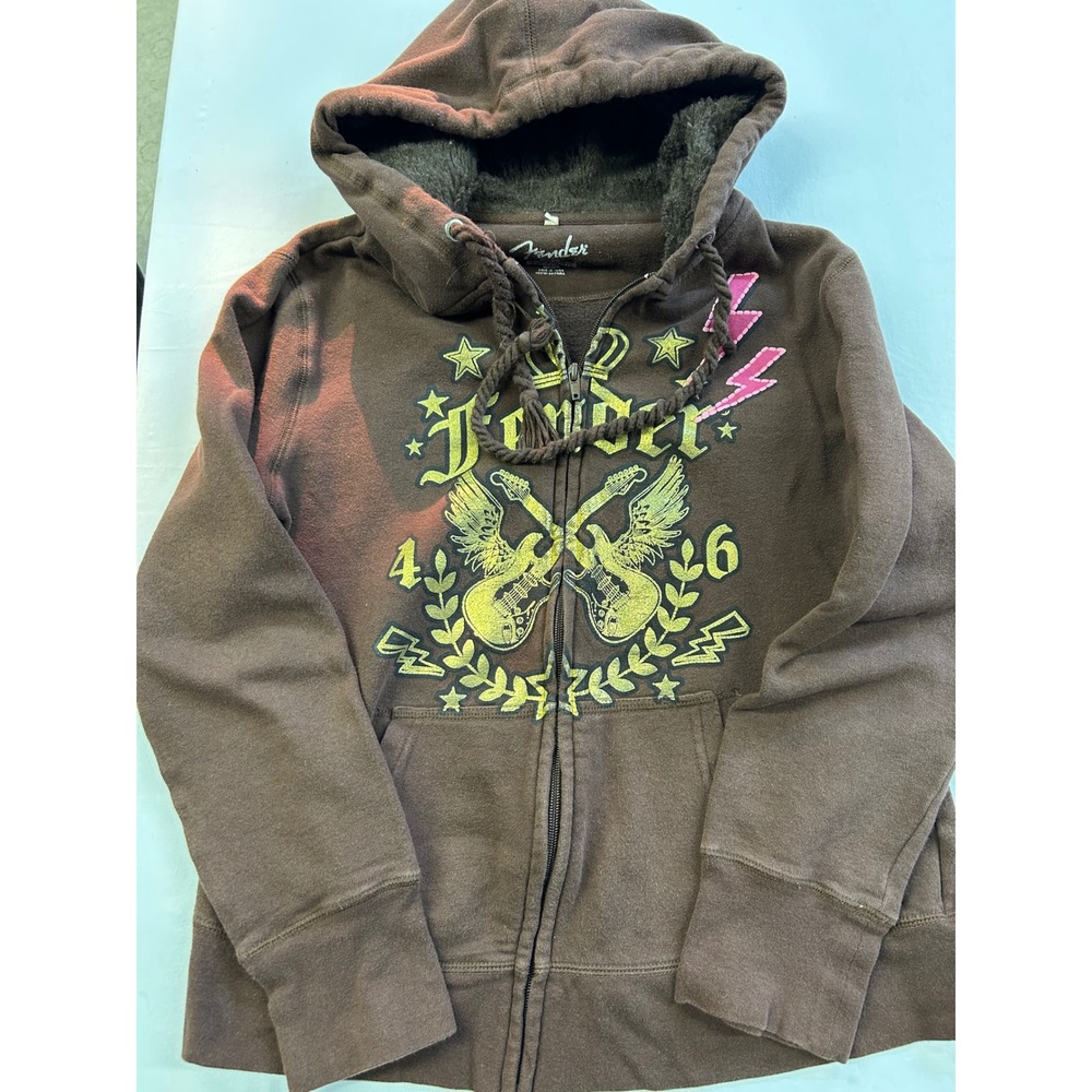 Fender Kids Brown Graphic Zip Up Hoodie Faux Fur Lined Size XL Guitar Rock